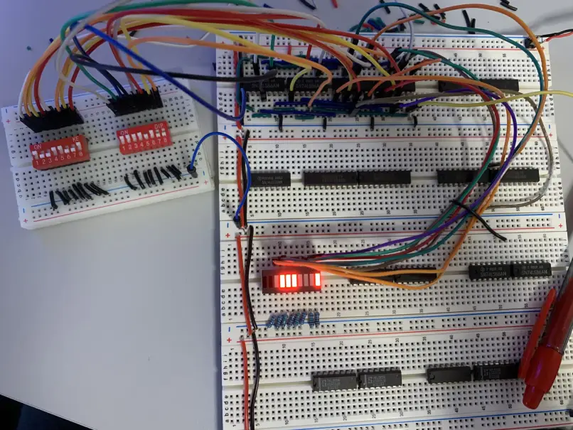 Some breadboards with TTL chips and wiring I did.